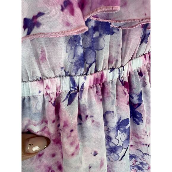 Cari Capri Floral Print Barbados Mini Dress Size XS Ruffle Purple Off Shoulder - Picture 9 of 9